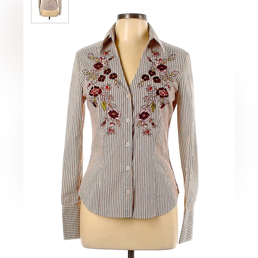 Express Long Sleeve Gray/Maroon Pinstripe & Floral Button-Down Shirt, Size 10